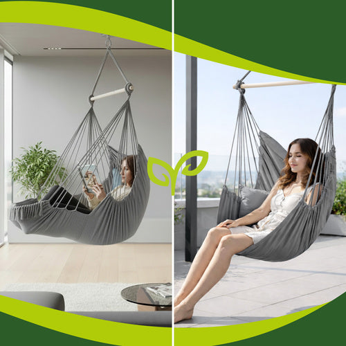 Hanging Chair Swing, 210cm Gray, Cotton Fabric, 2 Cushions