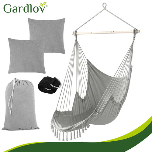 Hanging Chair Swing, 210cm Gray, Cotton Fabric, 2 Cushions