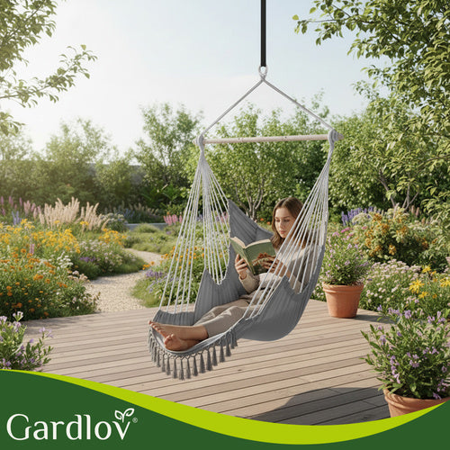 Hanging Chair Swing, 210cm Gray, Cotton Fabric, 2 Cushions
