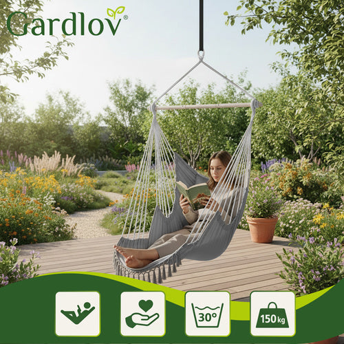 Hanging Chair Swing, 210cm Gray, Cotton Fabric, 2 Cushions