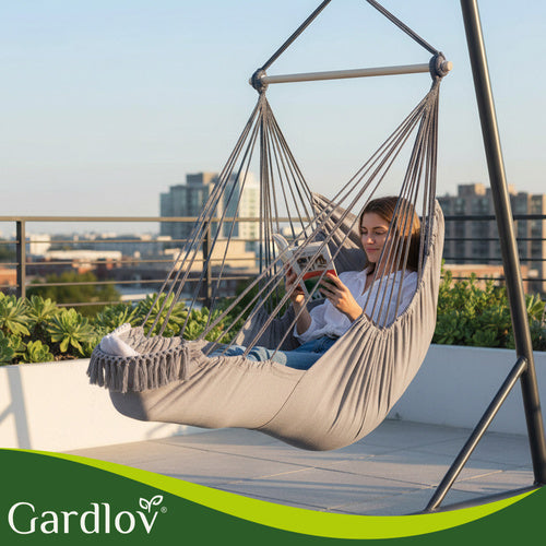 Hanging Chair Swing, 210cm Gray, Cotton Fabric, 2 Cushions