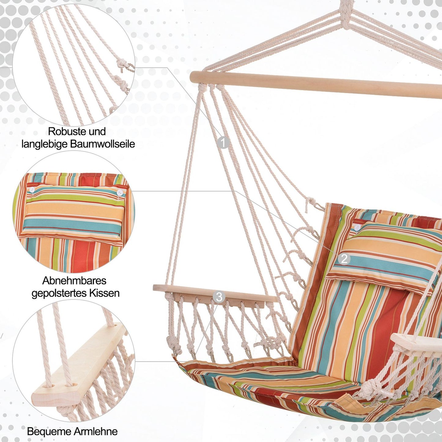 Multicolored hanging chair with cushion, portable, holds 100 kg