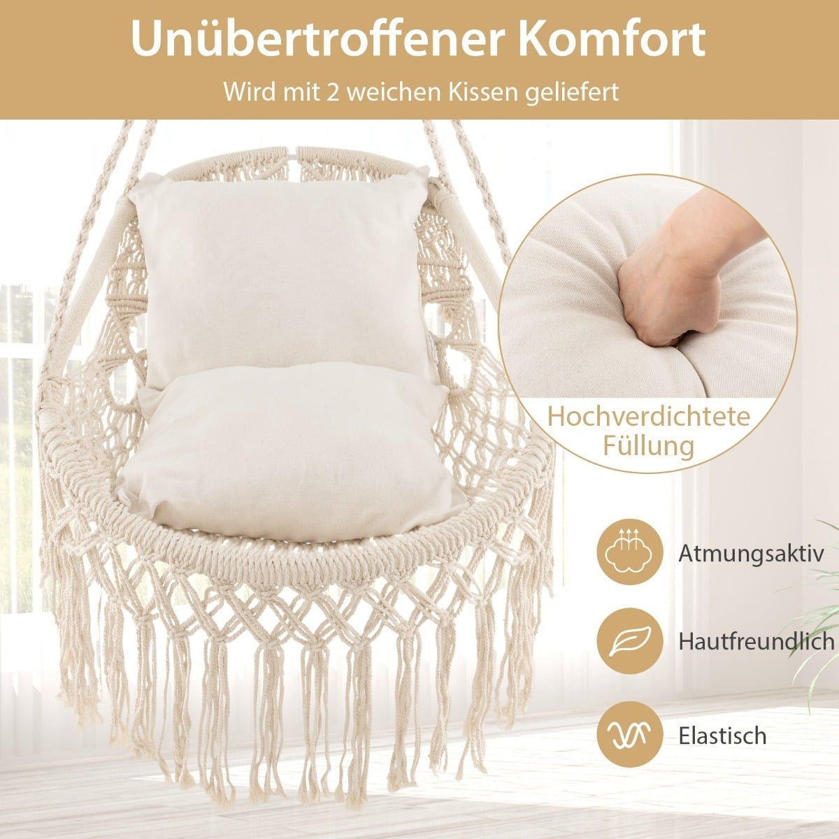 Hanging Chair with 2 Cushions, 150kg Capacity, Beige