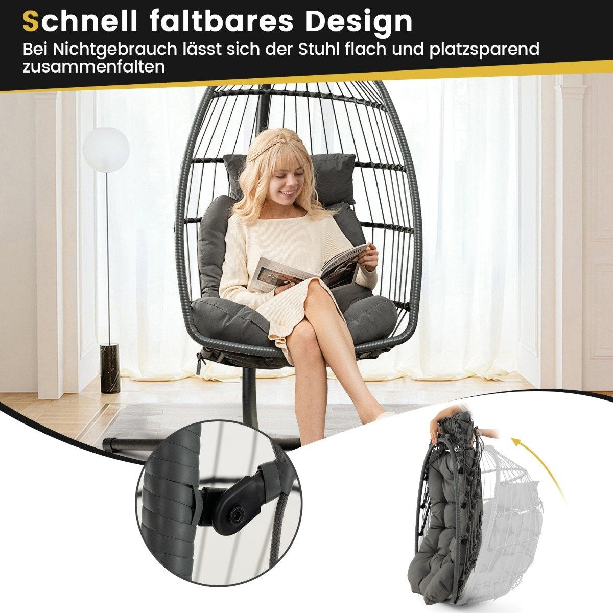 Hanging Egg Chair, Foldable PE Rattan with Cushion, Gray