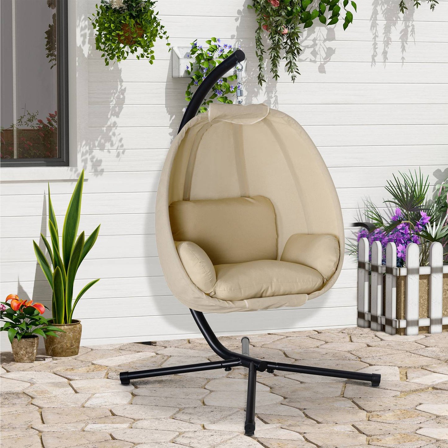Hanging Egg Chair with Cushion, Indoor/Outdoor, Khaki