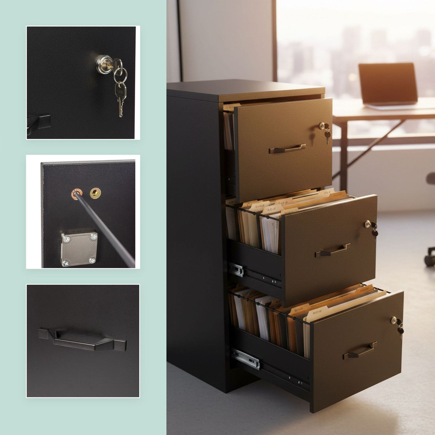 Hanging File Cabinet, 3 Drawers, Lockable, Compact