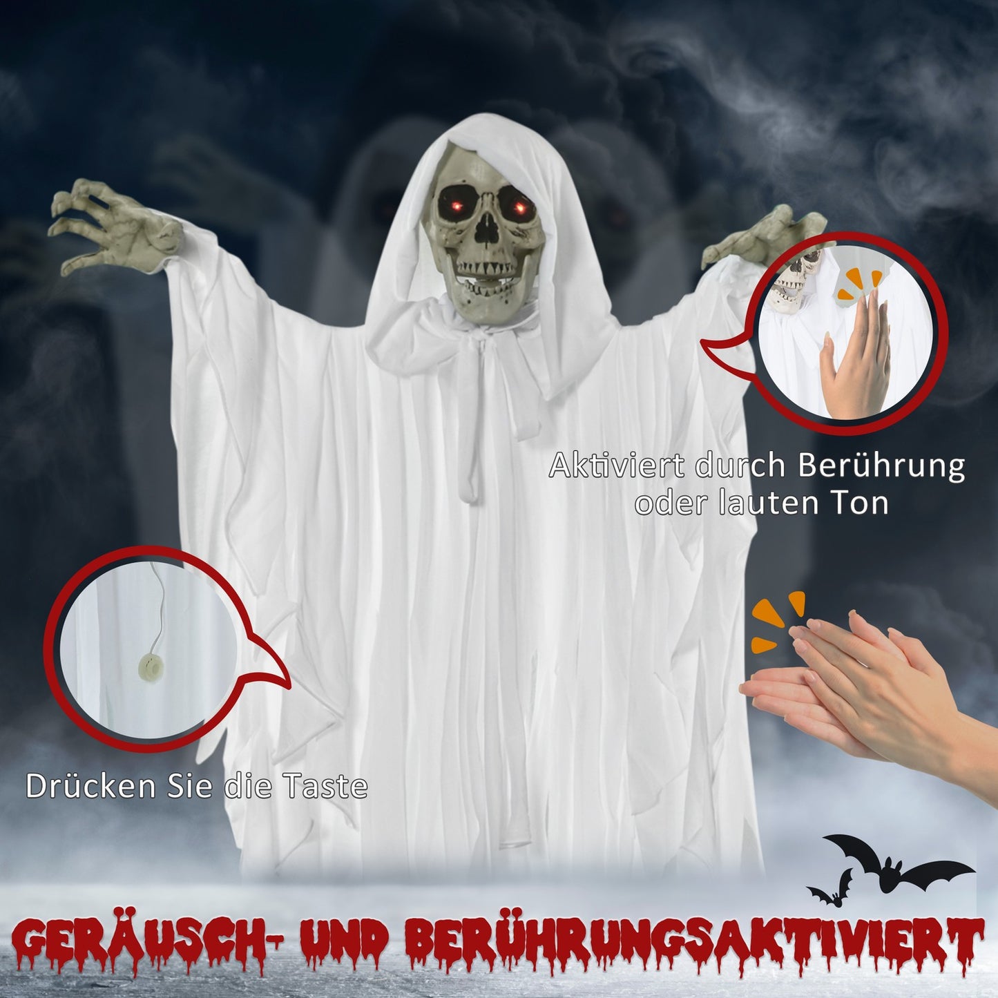 Hanging Glow-In-The-Dark Skeleton With Sound, 153 cm