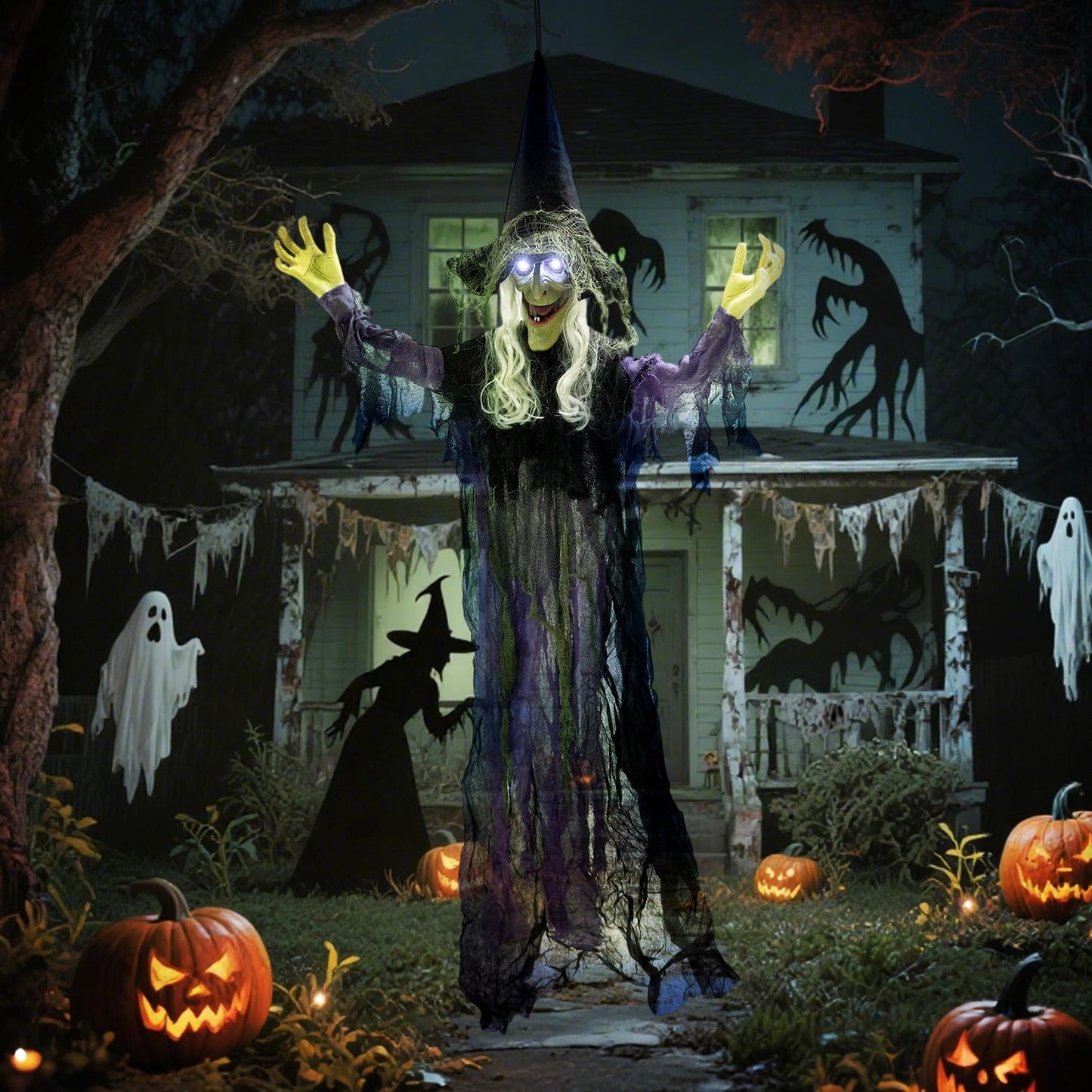 Hanging Halloween Witch with LED Lights, Sound, 183cm