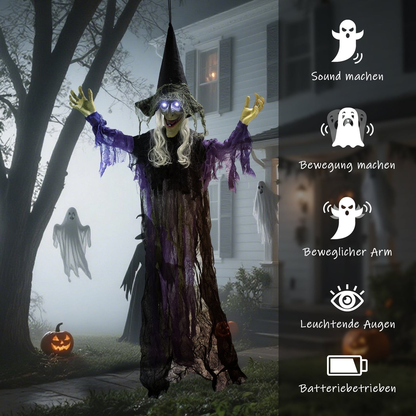 Hanging Halloween Witch with LED Lights, Sound, 183cm