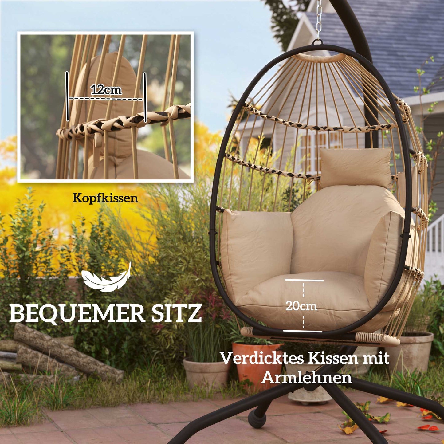 Hanging Outdoor Swing Chair with Foldable Basket, Cushions