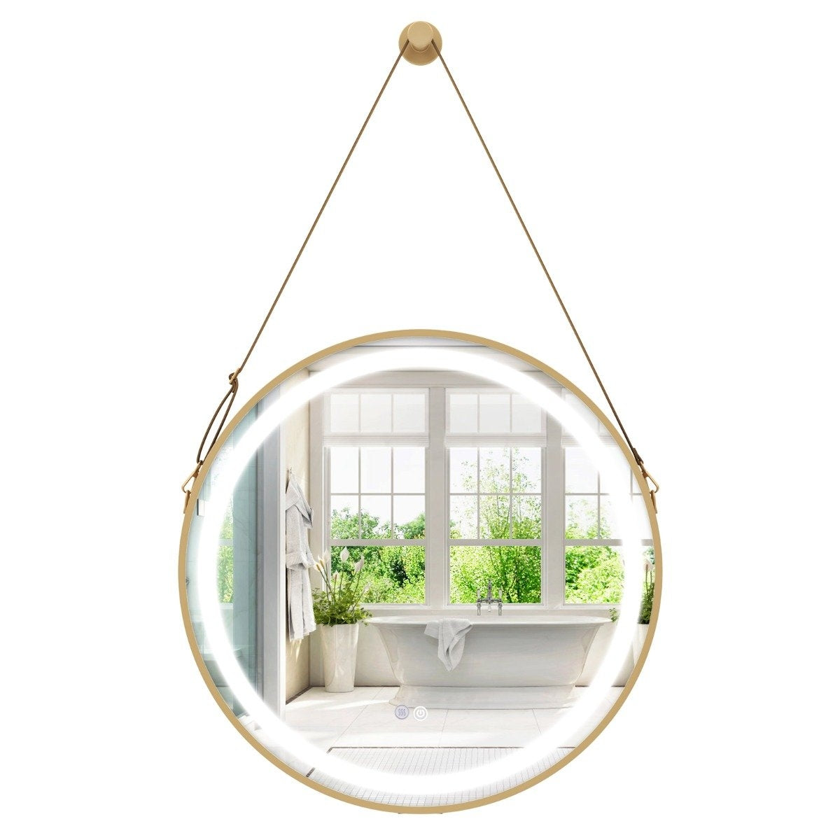 Hanging bathroom mirror with hanging strap & 3-color LED light & memory function