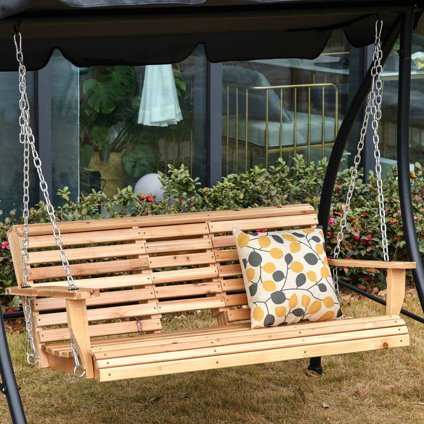 Garden swing bench with folding table and cup holder, spruce wood