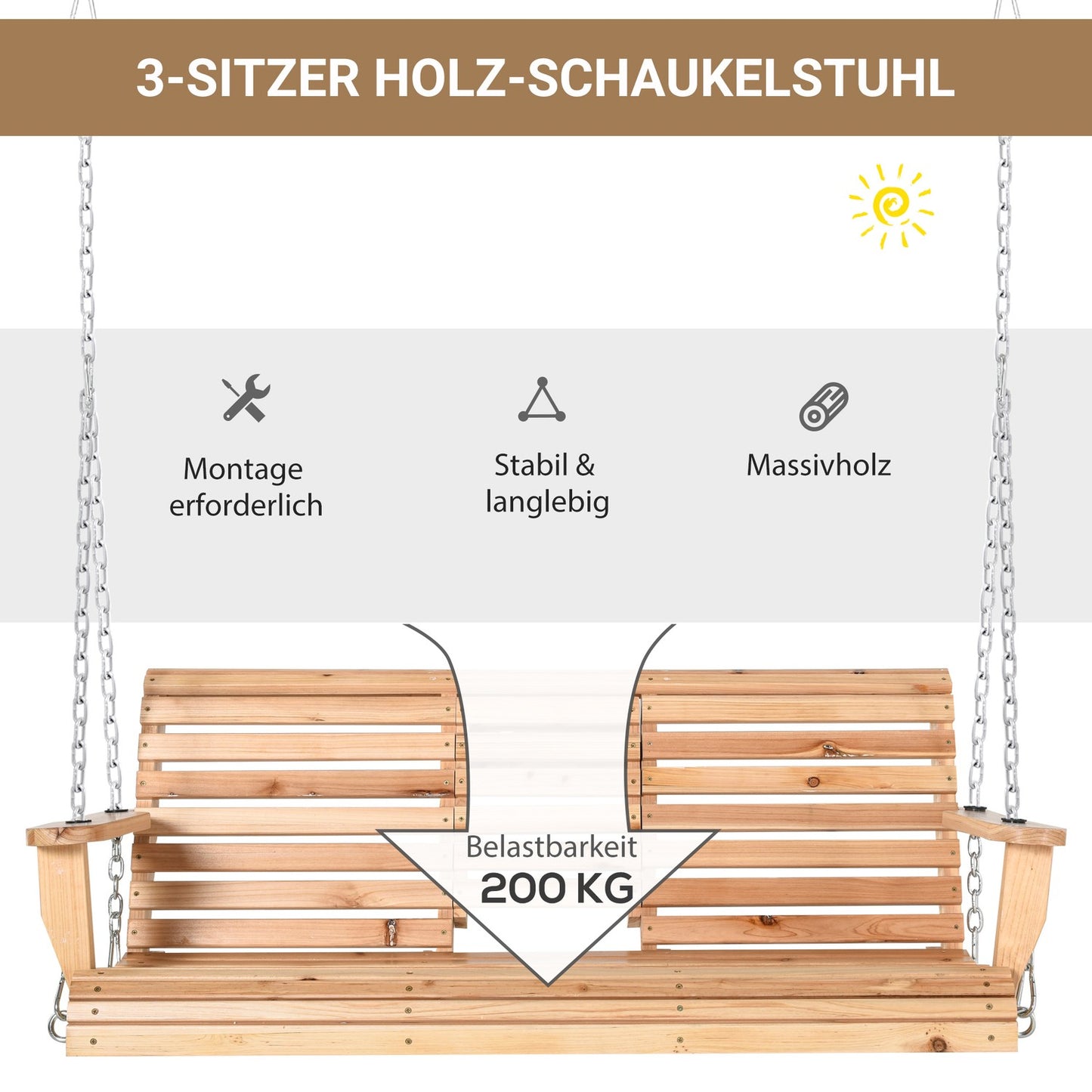 Garden swing bench with folding table and cup holder, spruce wood
