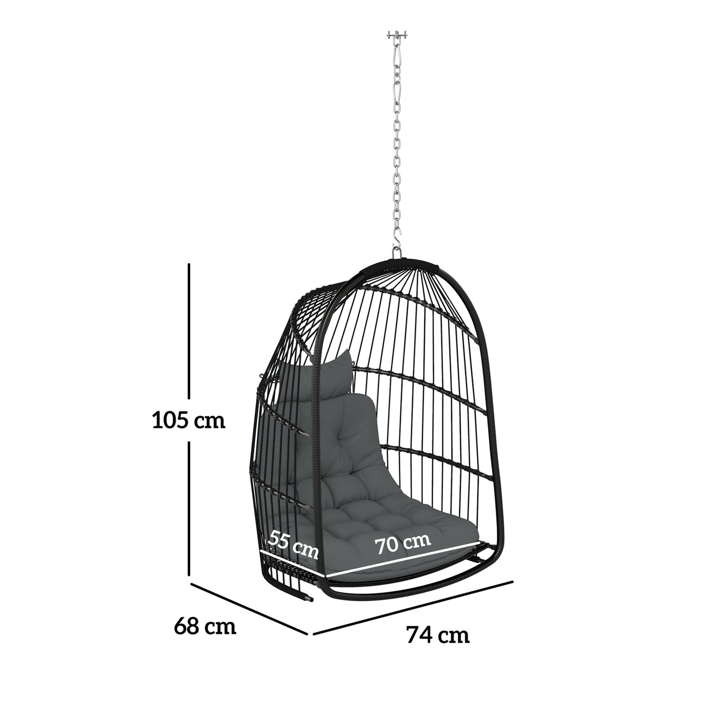 Hanging chair with poly rattan cushion, 150 kg capacity, dark grey