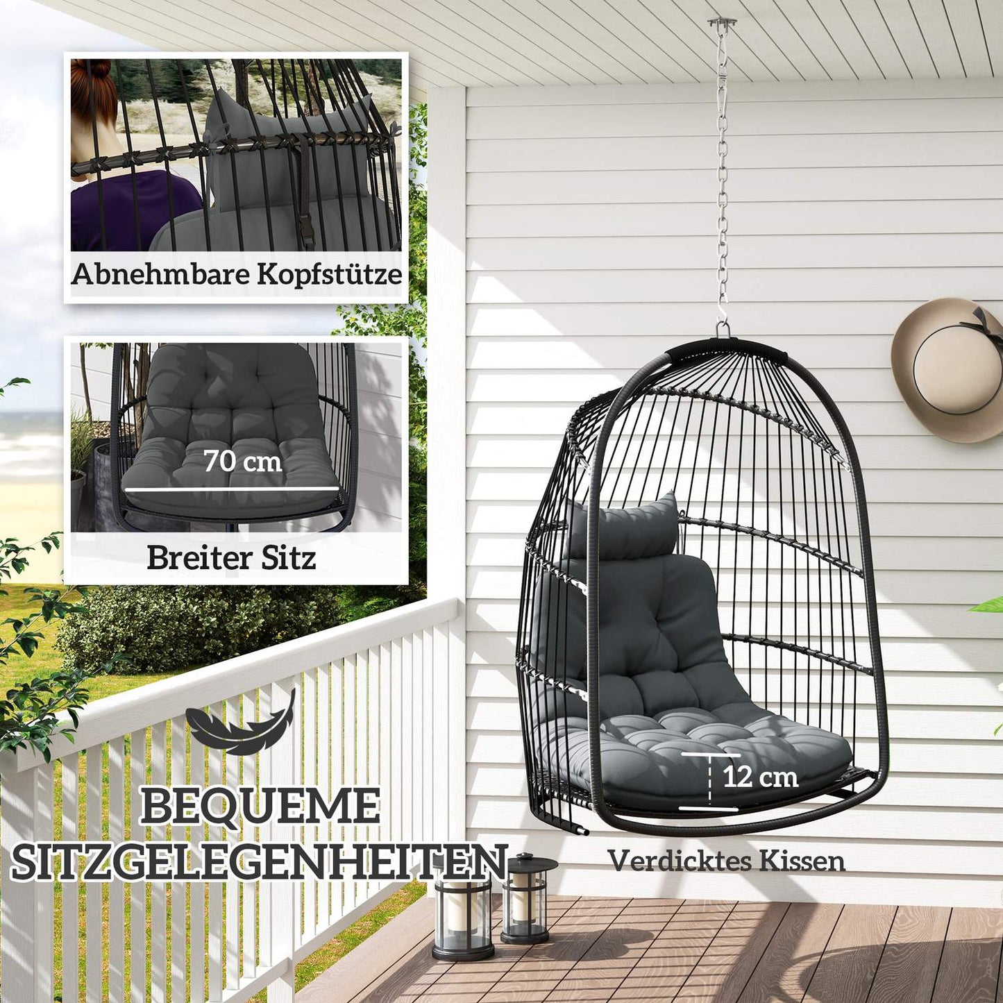 Hanging chair with poly rattan cushion, 150 kg capacity, dark grey