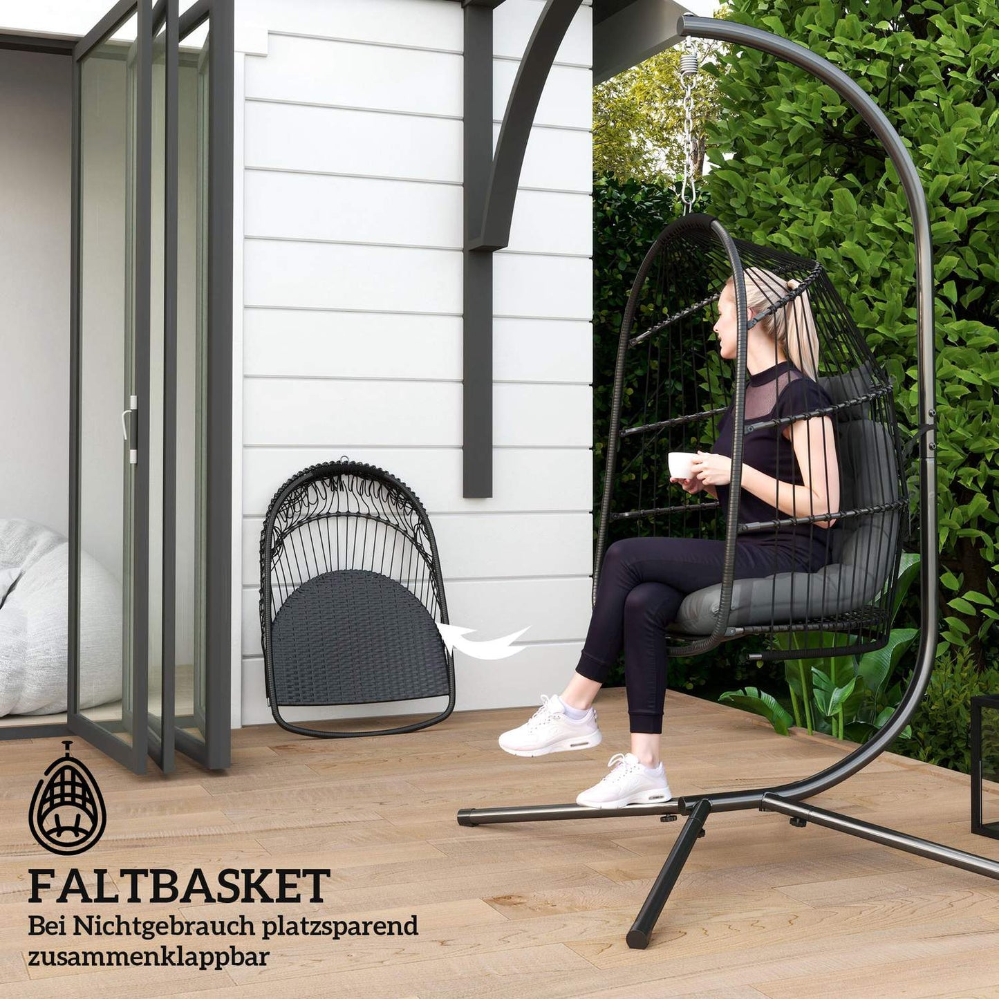 Hanging chair with poly rattan cushion, 150 kg capacity, dark grey