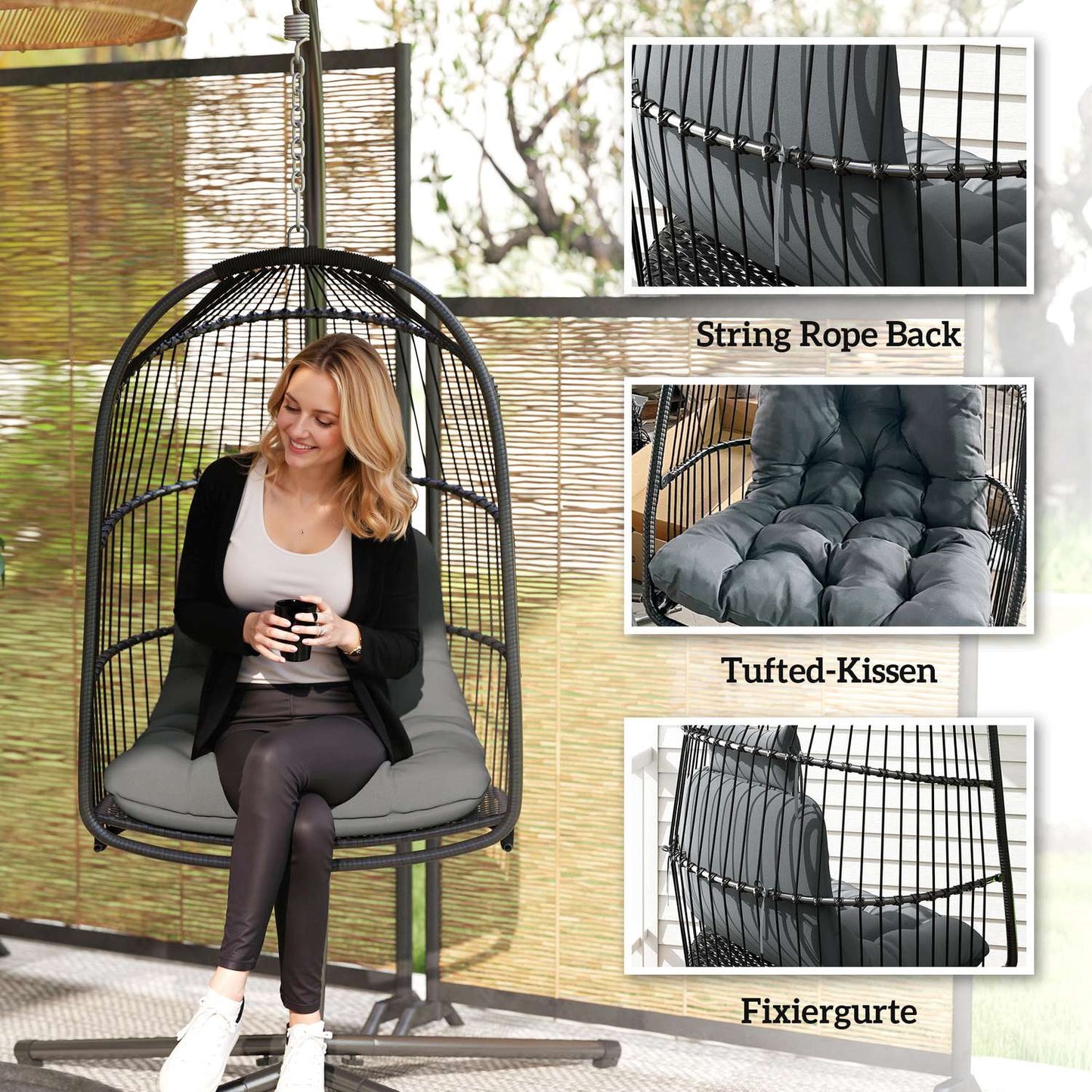 Hanging chair with poly rattan cushion, 150 kg capacity, dark grey