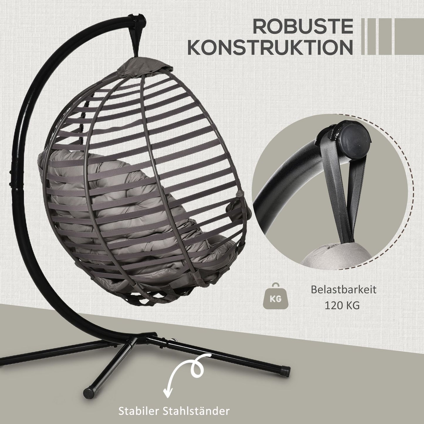 Hanging chair with frame, foldable, steel, with cushion