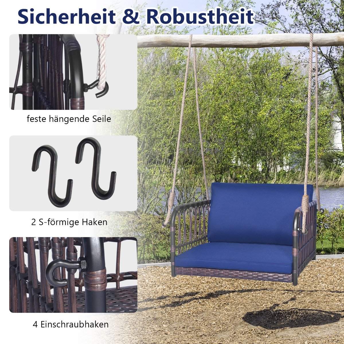 Hanging chair hanging chair with a load capacity of up to 180 kg, hanging seat with blue cushion