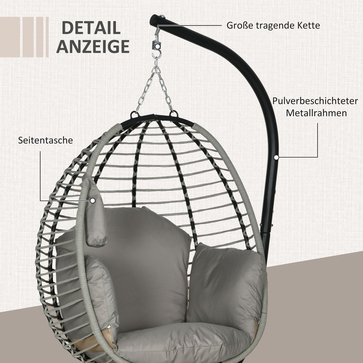 Hanging rocking chair with cushion - 120 kg capacity, steel grey