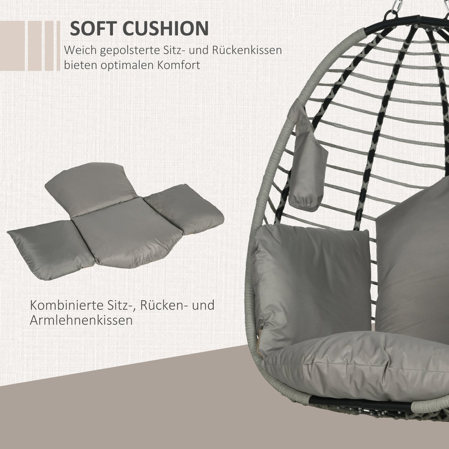 Hanging rocking chair with cushion - 120 kg capacity, steel grey