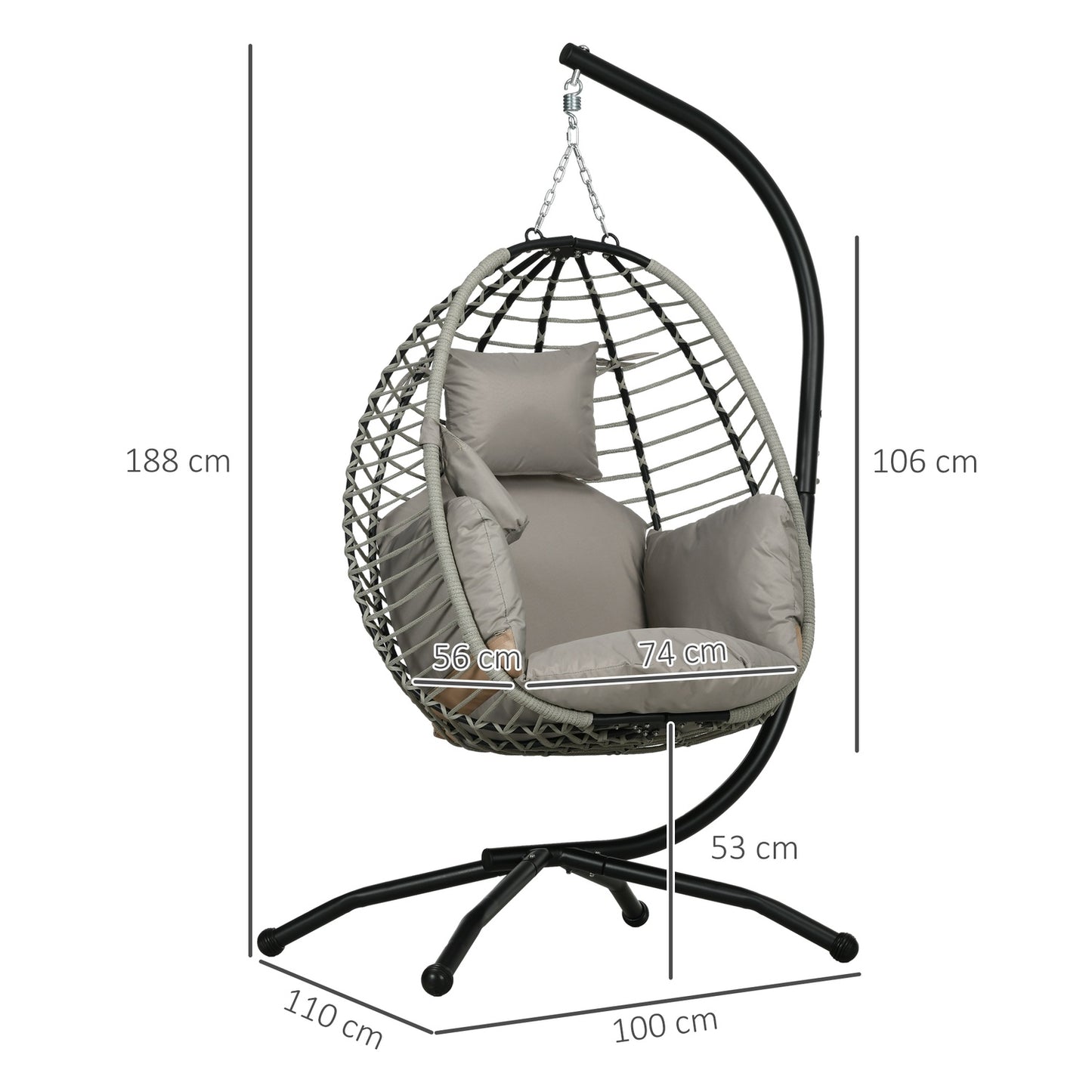 Hanging rocking chair with cushion - 120 kg capacity, steel grey