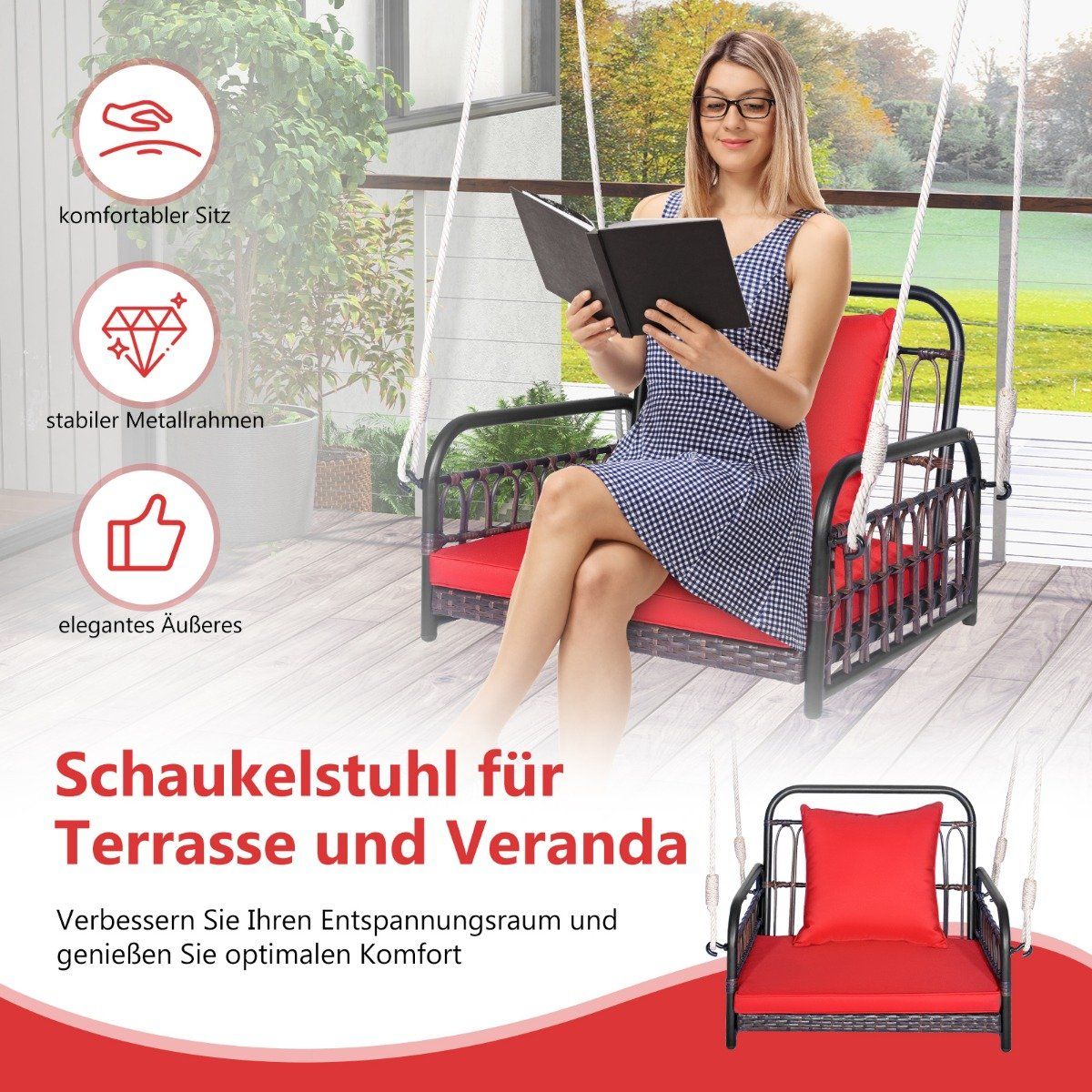 Hanging chair, patio swing, can hold up to 180 kg, hanging seat with seat and back cushions 80 x 65 x 58 cm