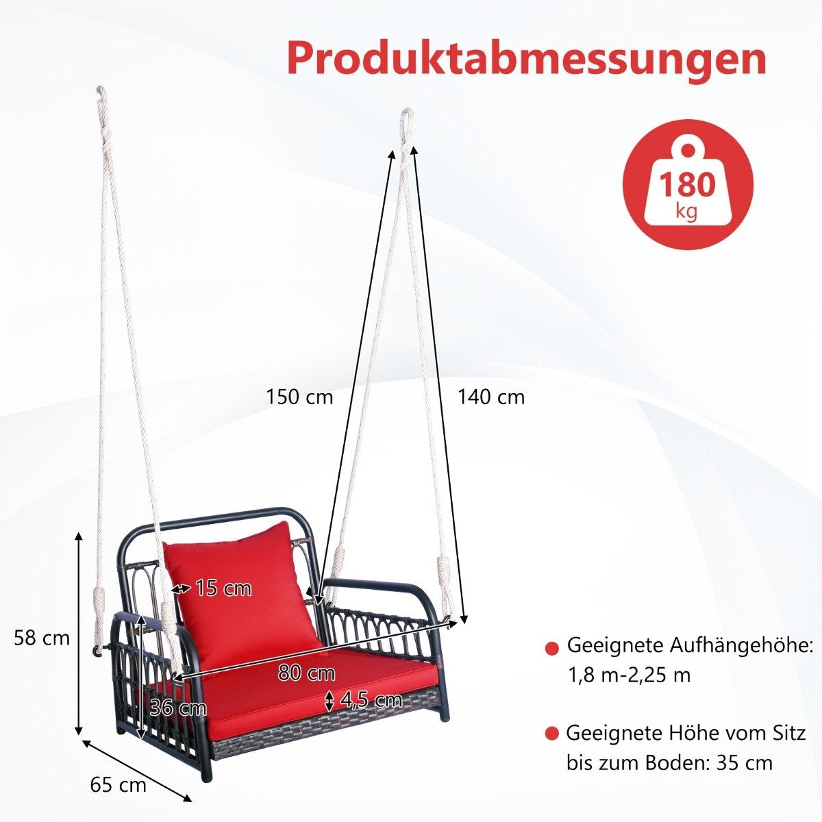 Hanging chair, patio swing, can hold up to 180 kg, hanging seat with seat and back cushions 80 x 65 x 58 cm
