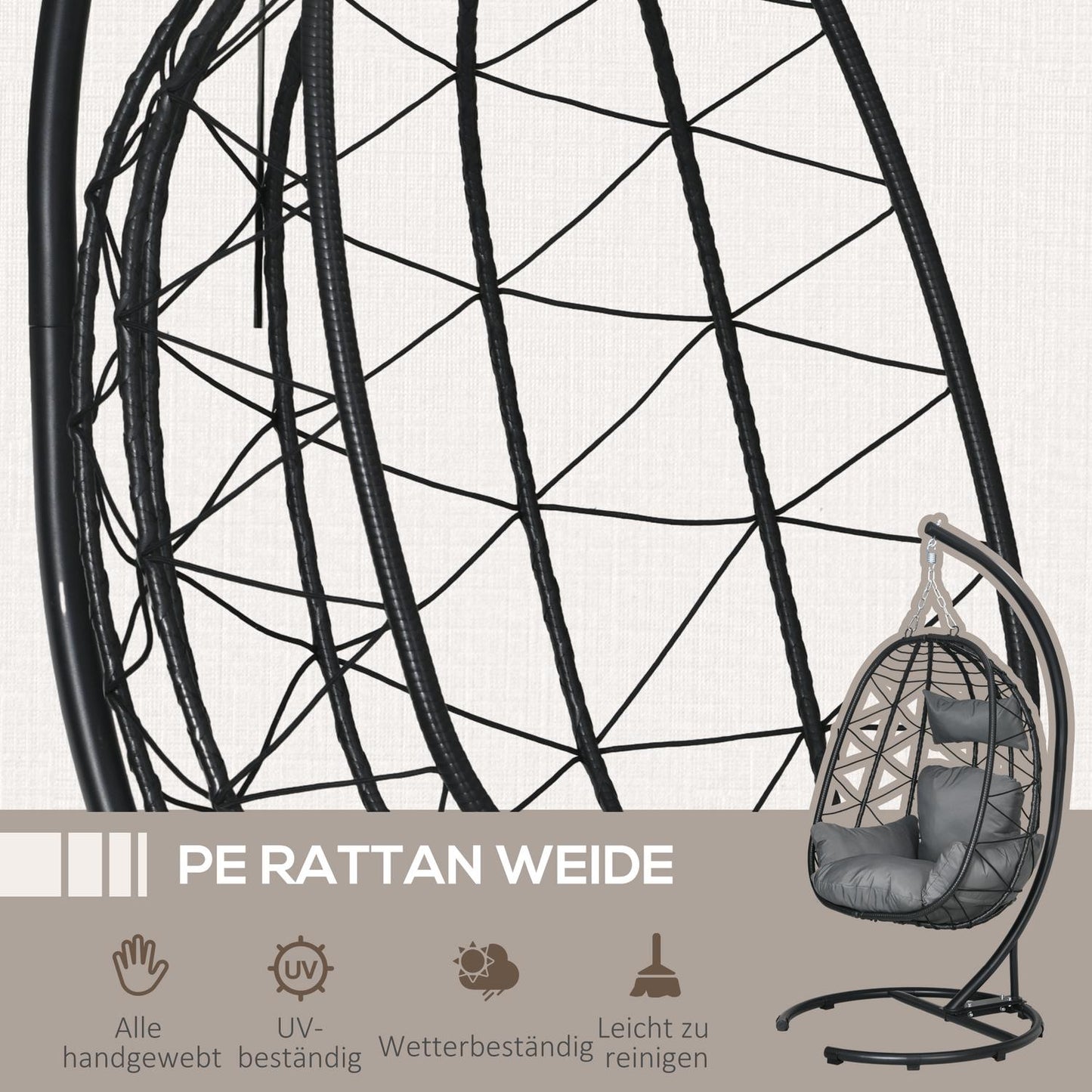 Rattan hanging chair, 195 cm, indoor/outdoor, 150 kg Capacity