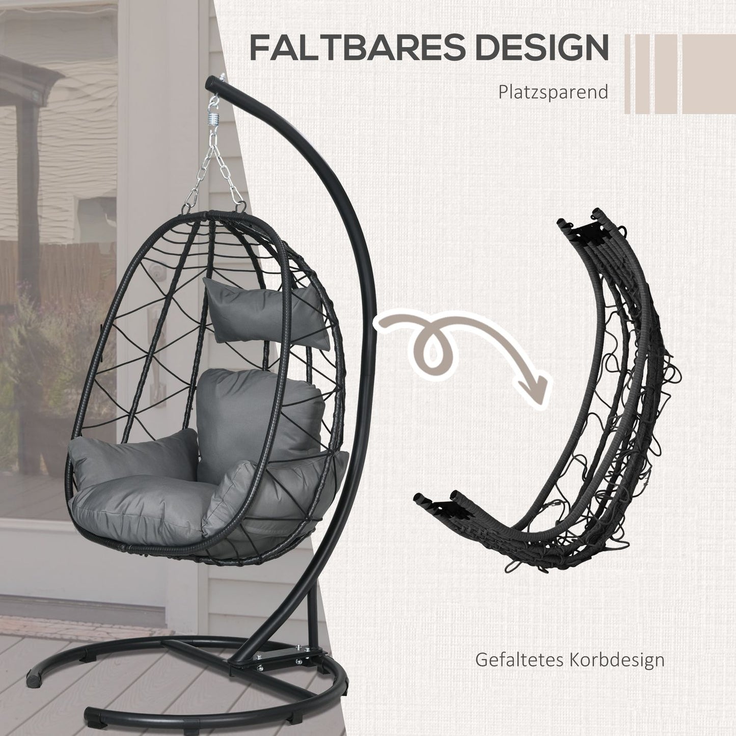 Rattan hanging chair, 195 cm, indoor/outdoor, 150 kg Capacity