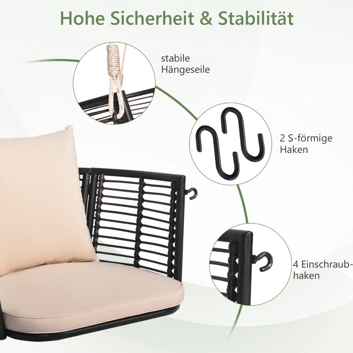 Hanging chair with a load capacity of up to 180kg, hanging seat with cushions & metal frame & hanging ropes 77 x 62 x 38 cm