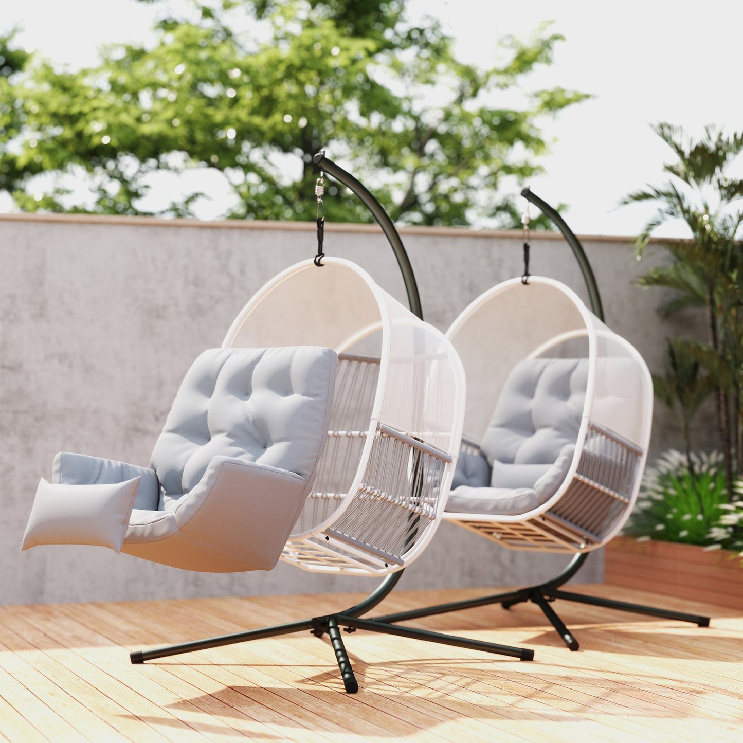 Egg-shaped hanging rocking chair with stand, cushions - light grey