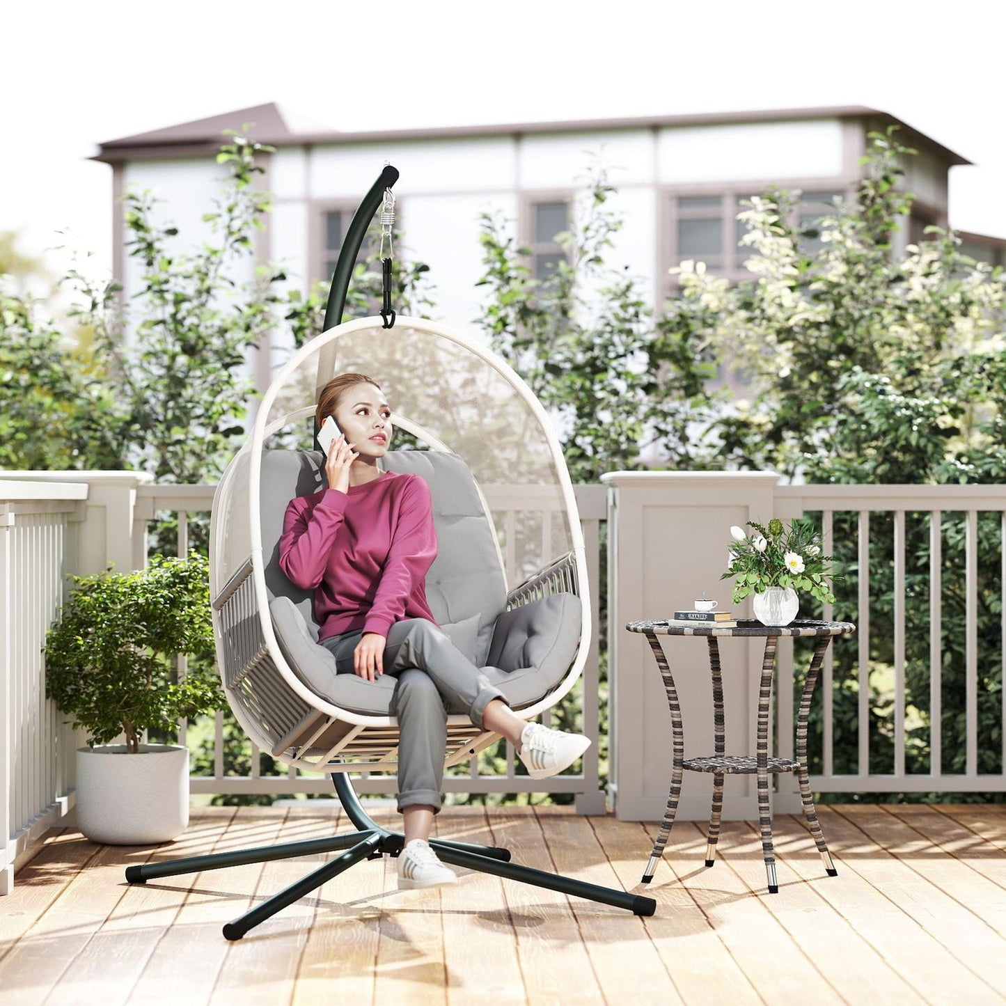 Egg-shaped hanging rocking chair with stand, cushions - light grey