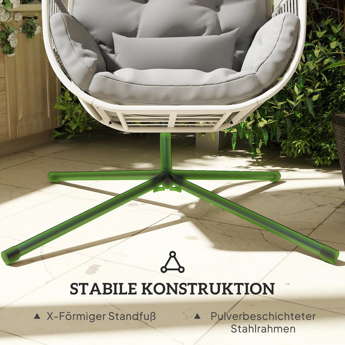 Egg-shaped hanging rocking chair with stand, cushions - light grey