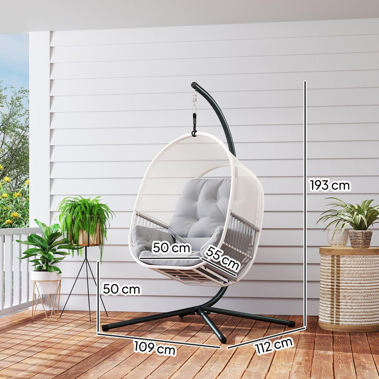 Egg-shaped hanging rocking chair with stand, cushions - light grey