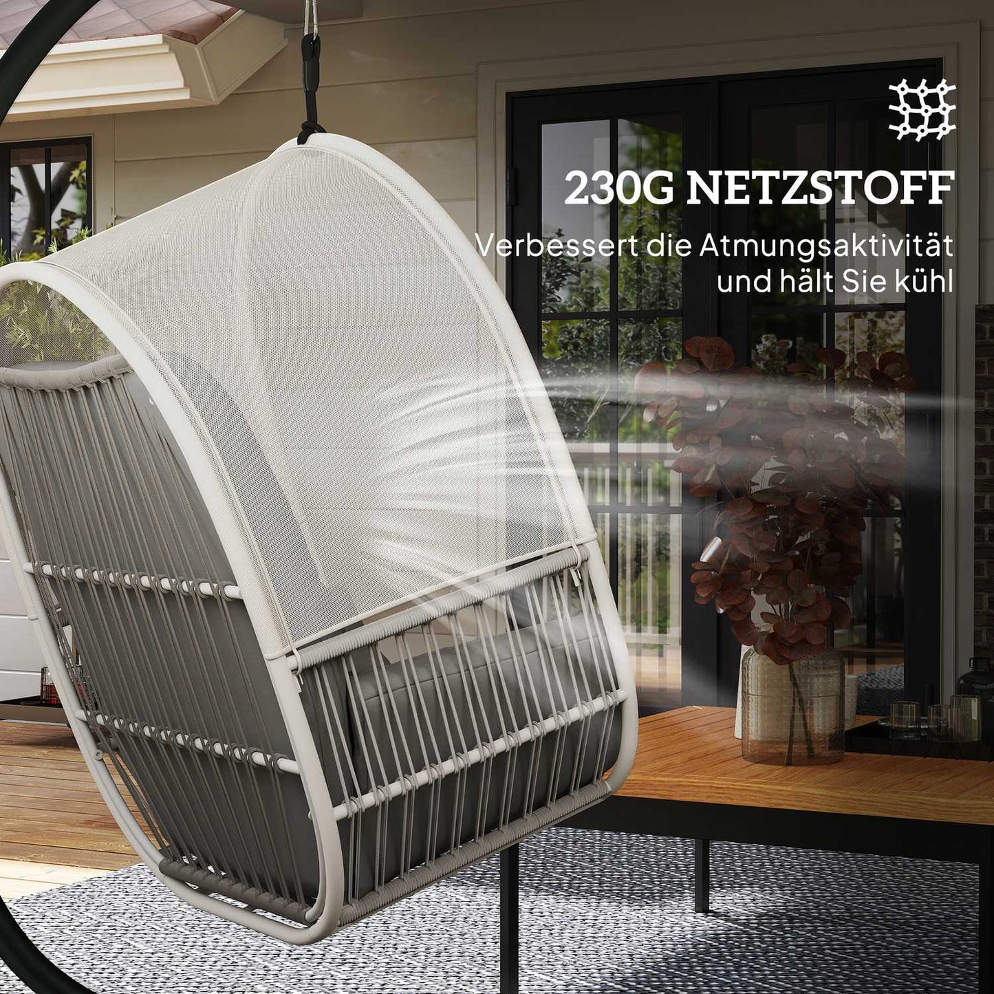 Egg-shaped hanging rocking chair with stand, cushions - light grey