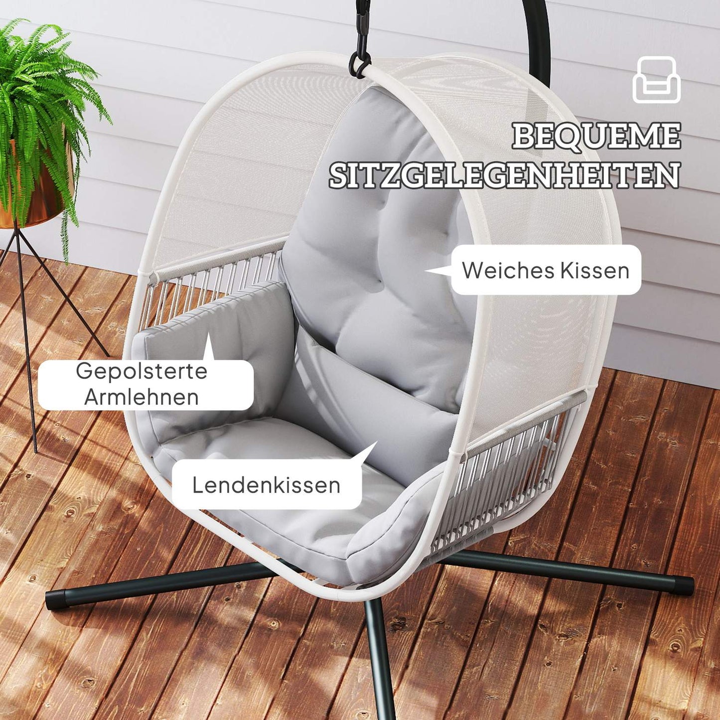 Egg-shaped hanging rocking chair with stand, cushions - light grey