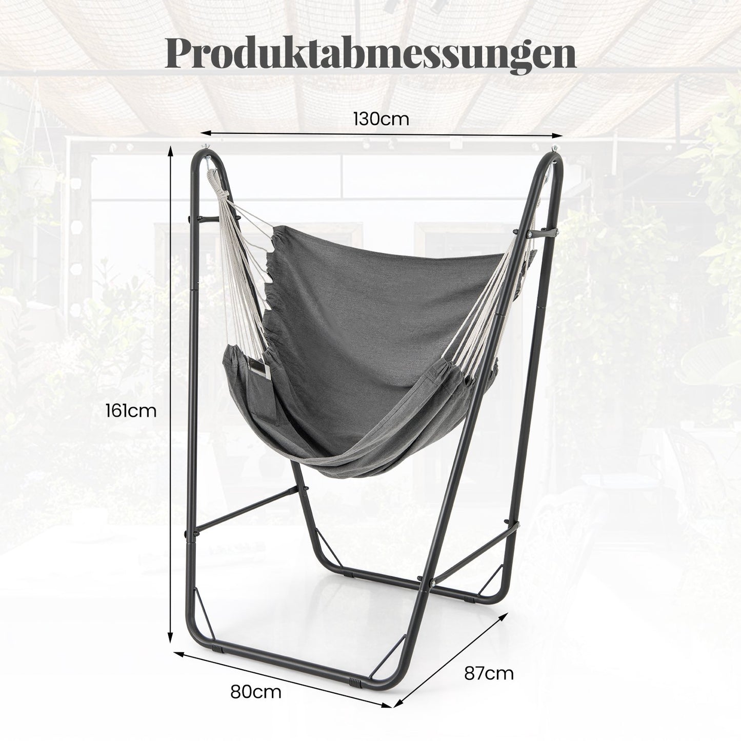 Hanging chair with frame, grey, cotton-polyester, 120 kg load capacity