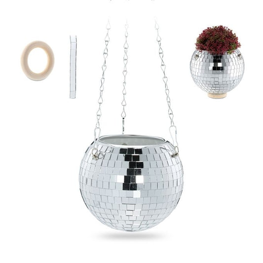Hanging flower pot with disco ball