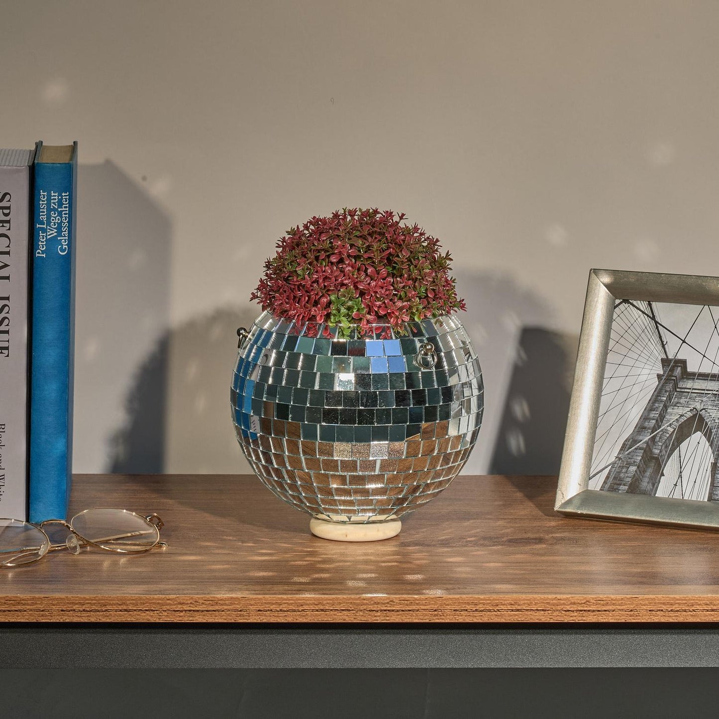 Hanging flower pot with disco ball