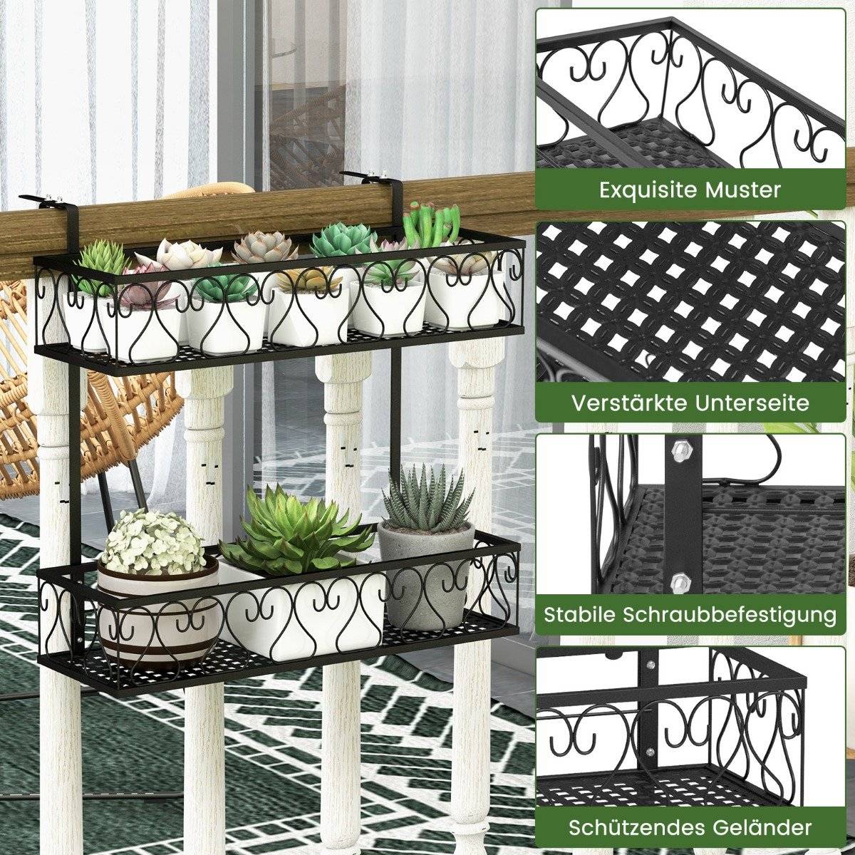 Hanging shelf 2-tier flower pot holder 60 x 33 x 59 cm black