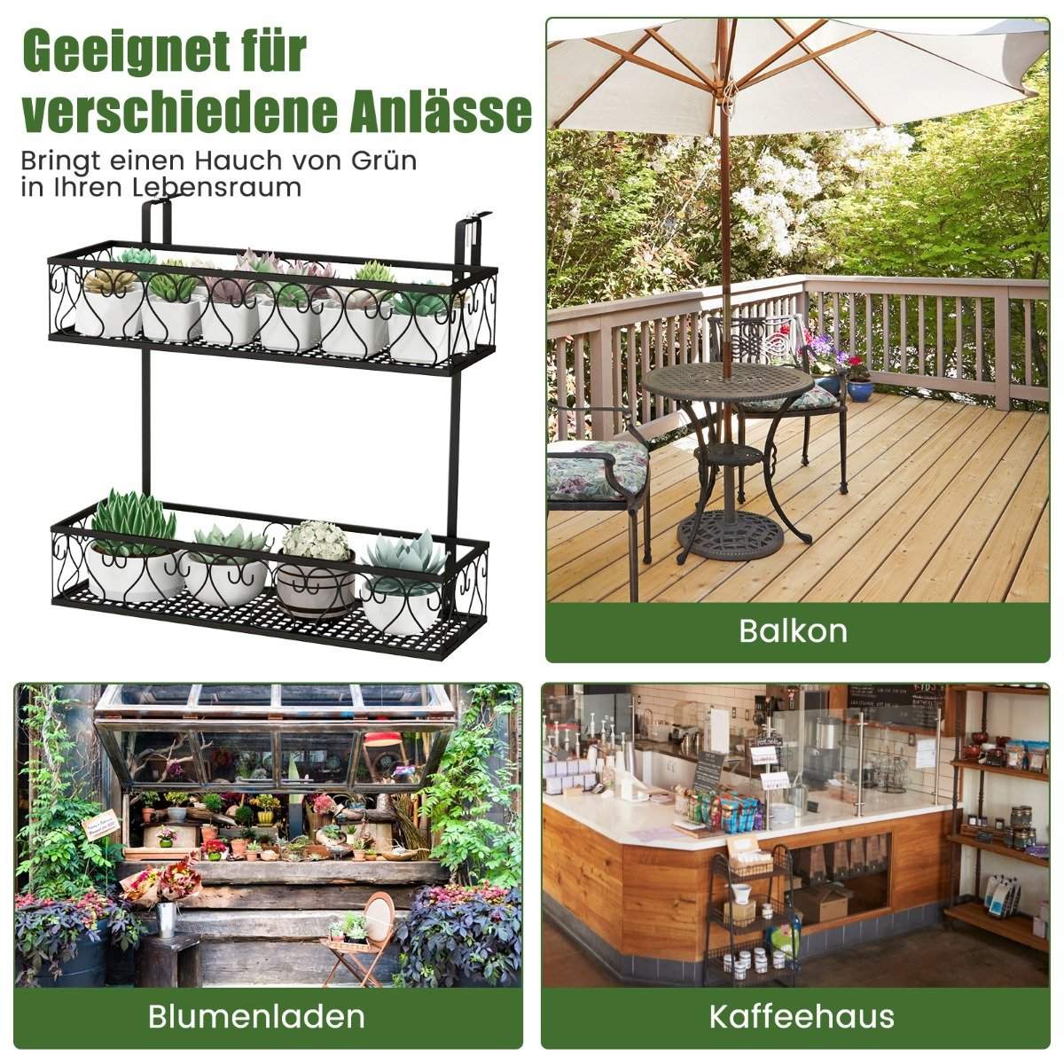 Hanging shelf 2-tier flower pot holder 60 x 33 x 59 cm black