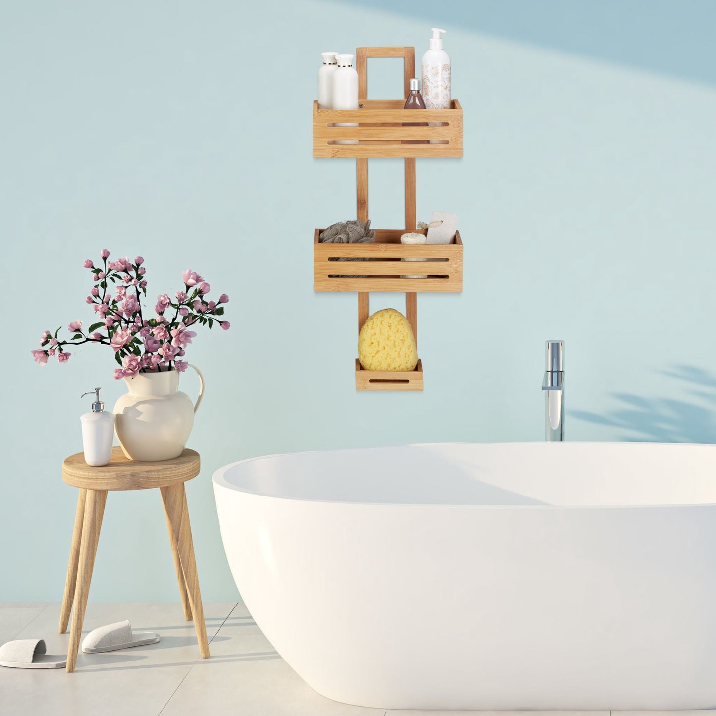 Hanging shower basket in bamboo
