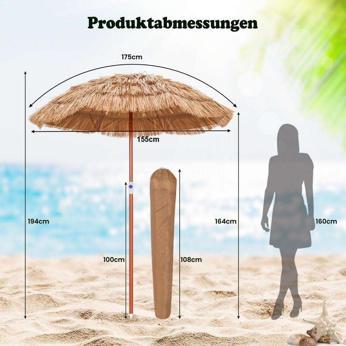 Hawaiian Beach Umbrella with Carry Bag & Tilting Design Table Umbrella 175 cm