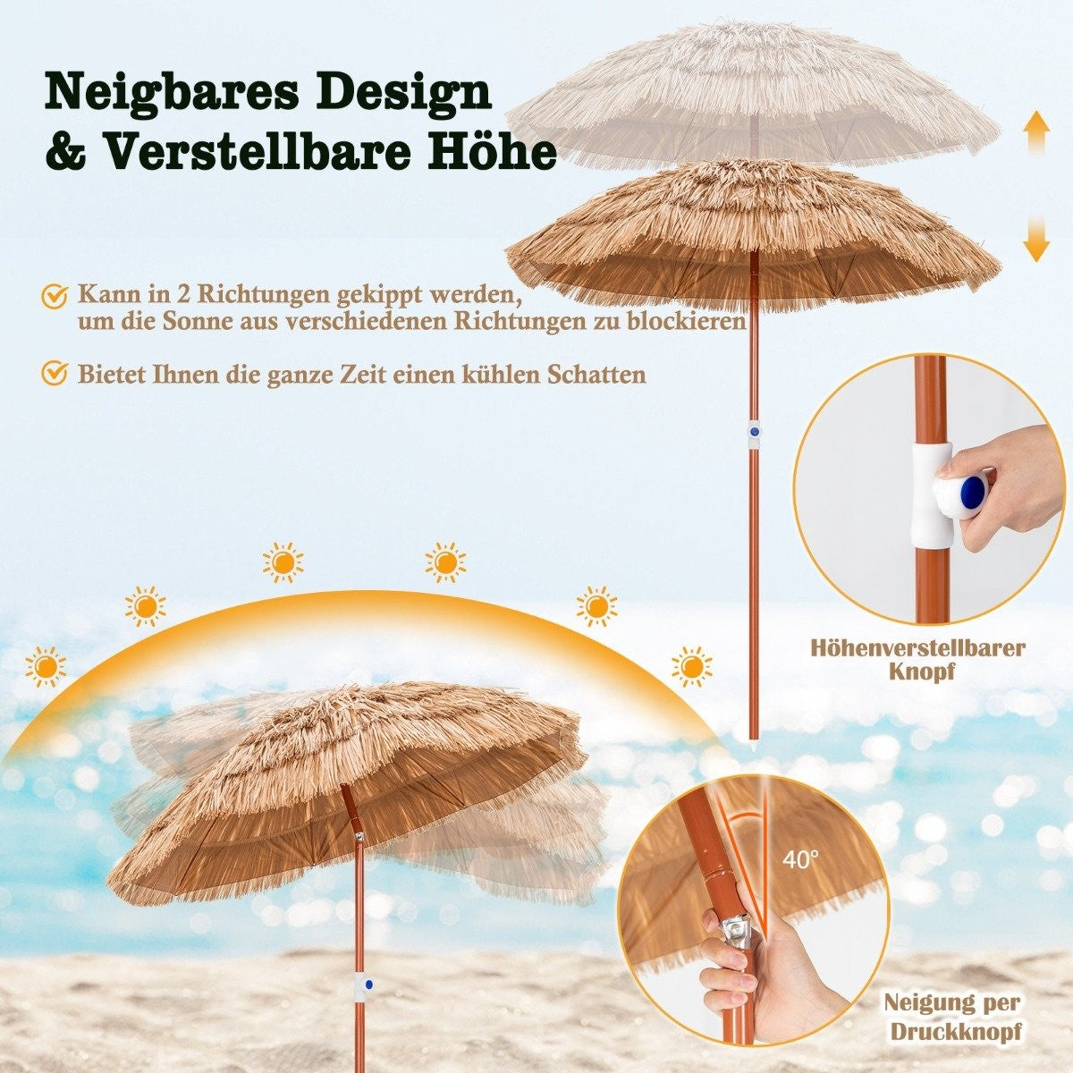 Hawaiian Beach Umbrella with Carry Bag & Tilting Design Table Umbrella 175 cm