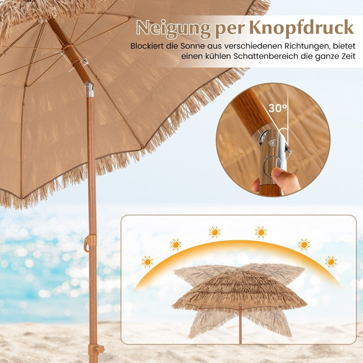 Hawaiian Style Beach Umbrella with Folding Stand & Tilt Knob & Carry Bag Tiki Umbrella