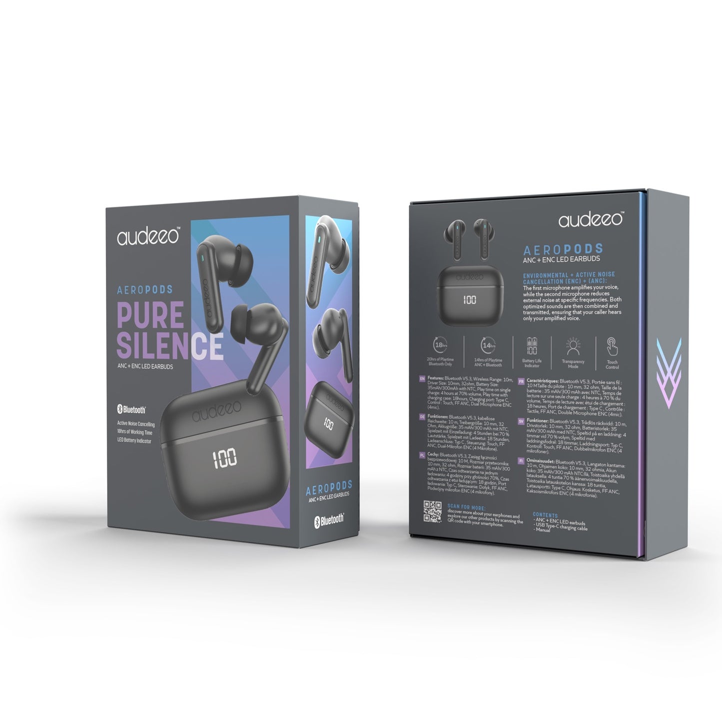 Headphones In-Ear ANC ENC LED Aeropods Black