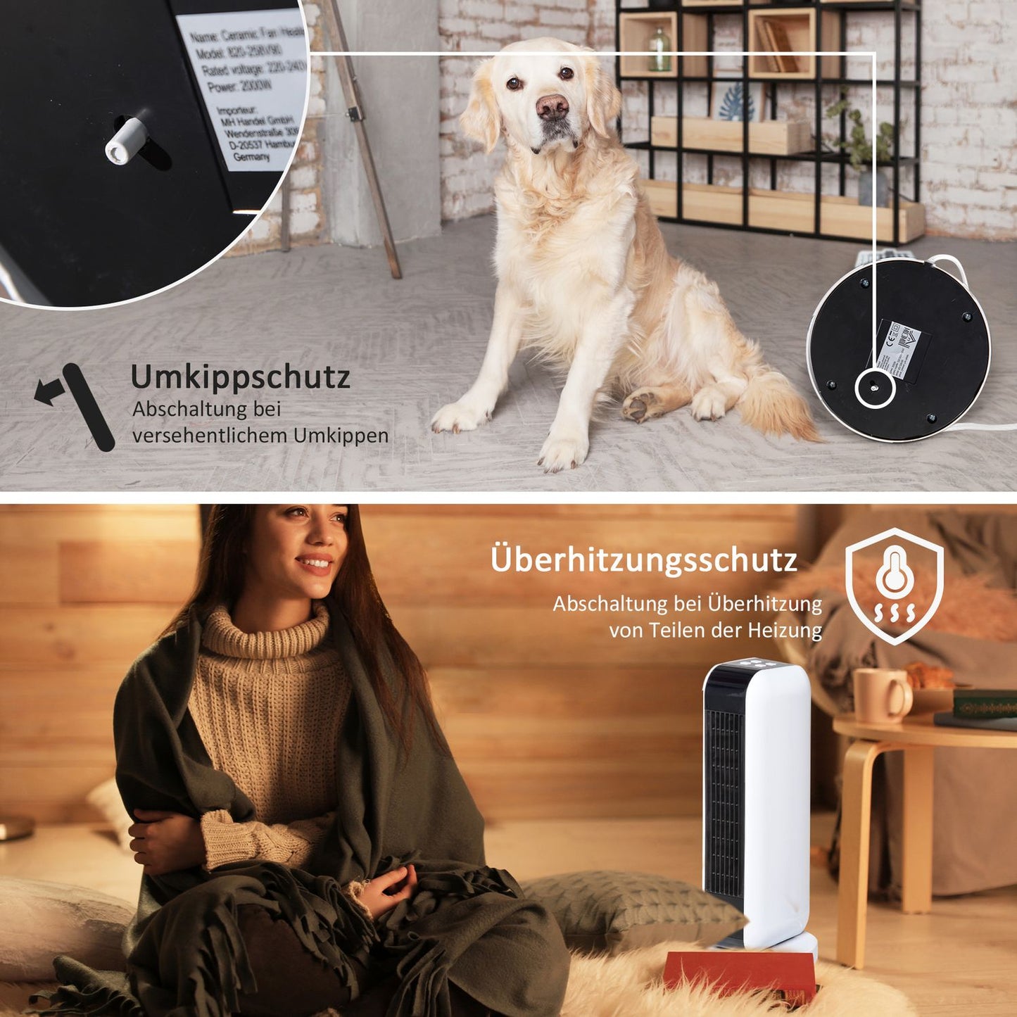 Electric ceramic tower heater, 2000W, 3 heat levels, timer