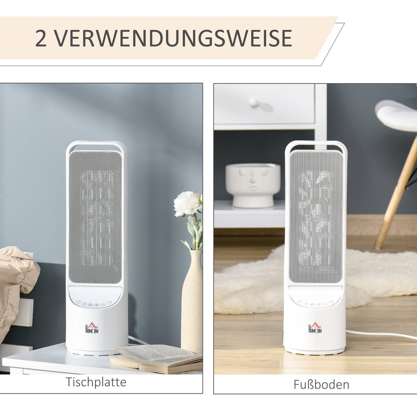 2000W ceramic tower heater, remote control & timer, white