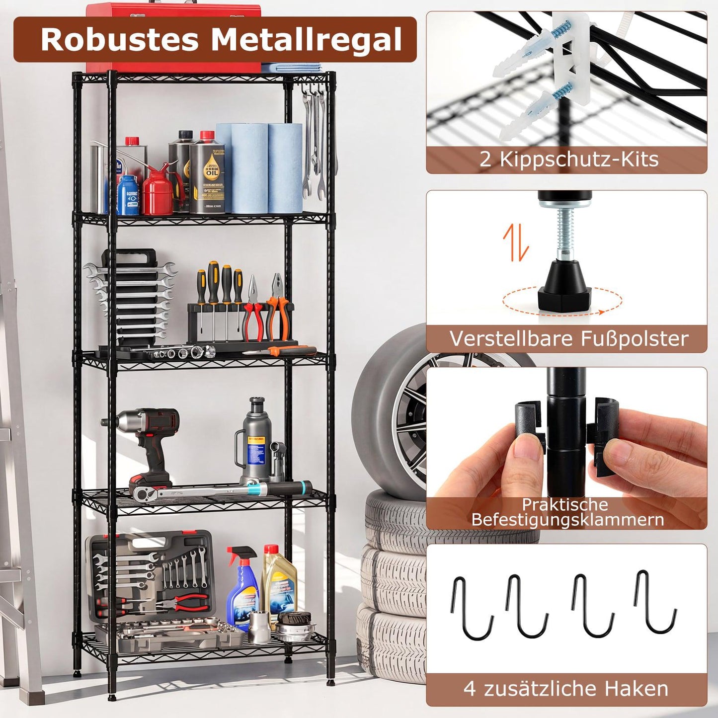 Heavy-Duty Adjustable Metal Storage Shelf, 5-Tier, Black